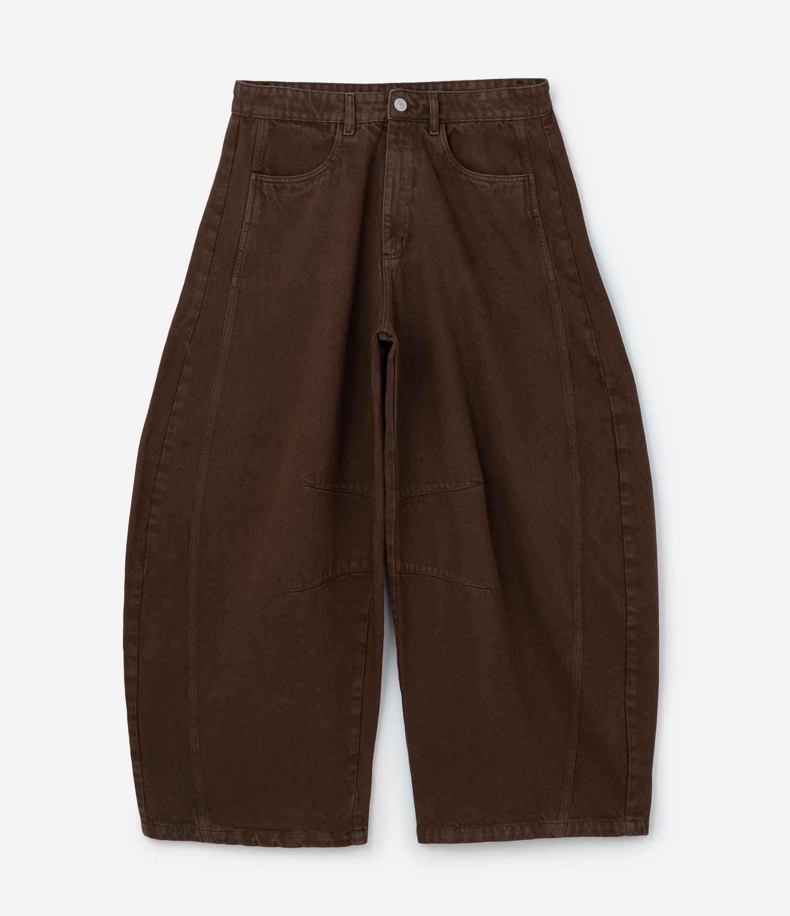 Calça Barrel em Sarja com Recorte Lateral e Pences nos Joelhos Marrom 7