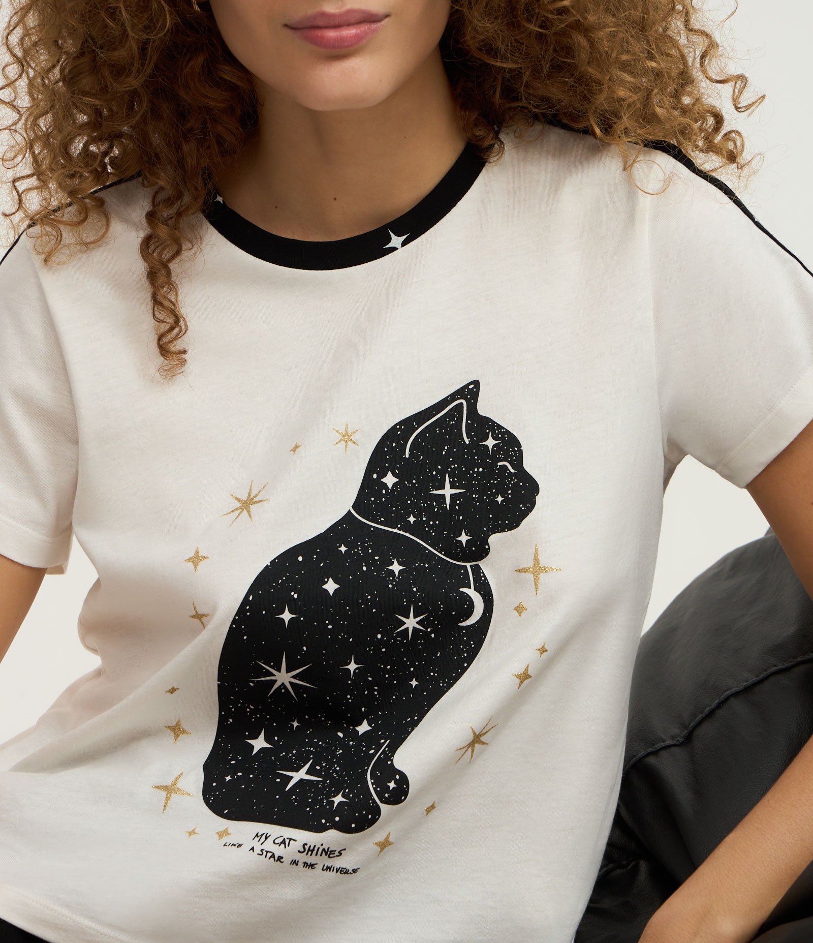 Pijama Short Doll em Algodão com Estampa Gatinho e Brilhos Branco/Preto 1