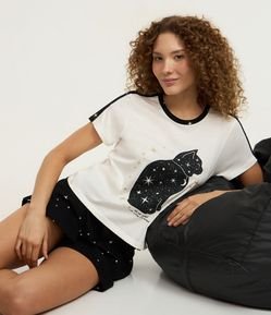Pijama Short Doll em Algodão com Estampa Gatinho e Brilhos