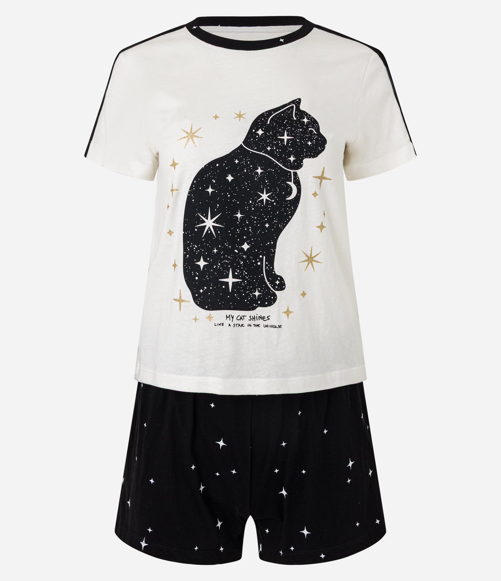 Pijama Short Doll em Algodão com Estampa Gatinho e Brilhos Branco/Preto 2