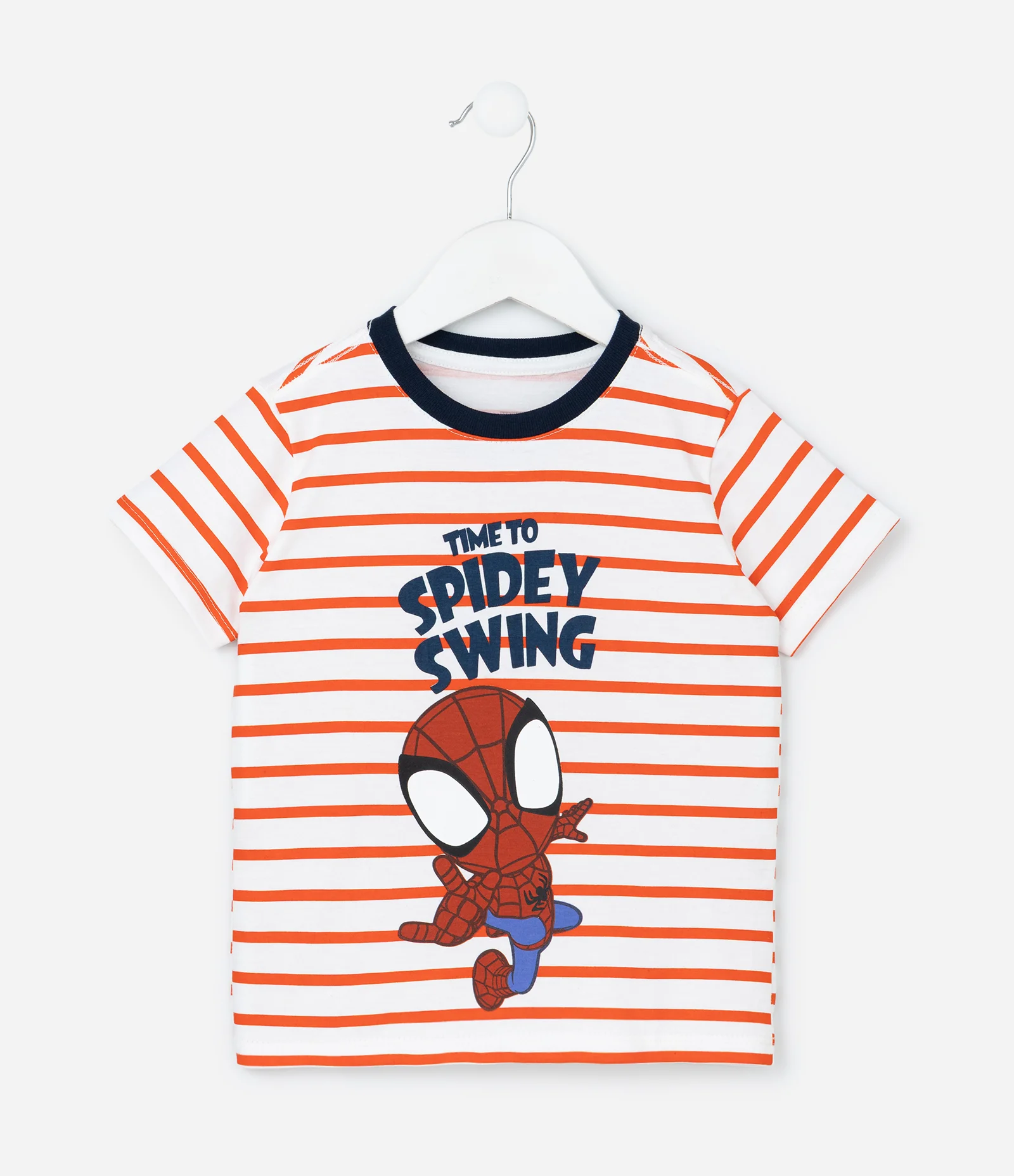 Camiseta Infantil com Listras e Estampa do Spidey - Tam 2 a 6 Anos Branco/Laranja 1