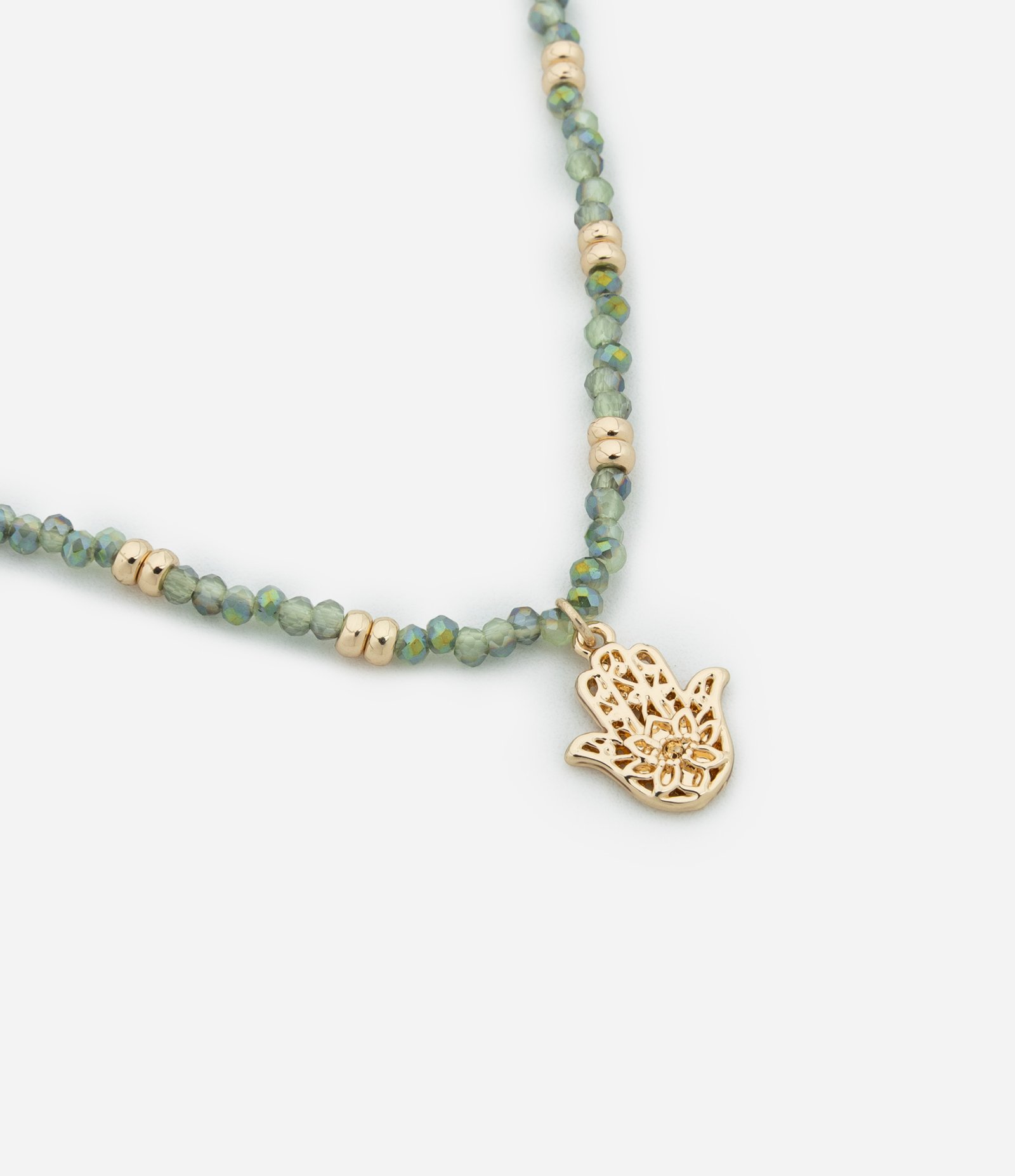 Colar Curto com Mini Cristais Artificiais Lapidados e Pingente de Mão com Strass Verde/Dourado 2