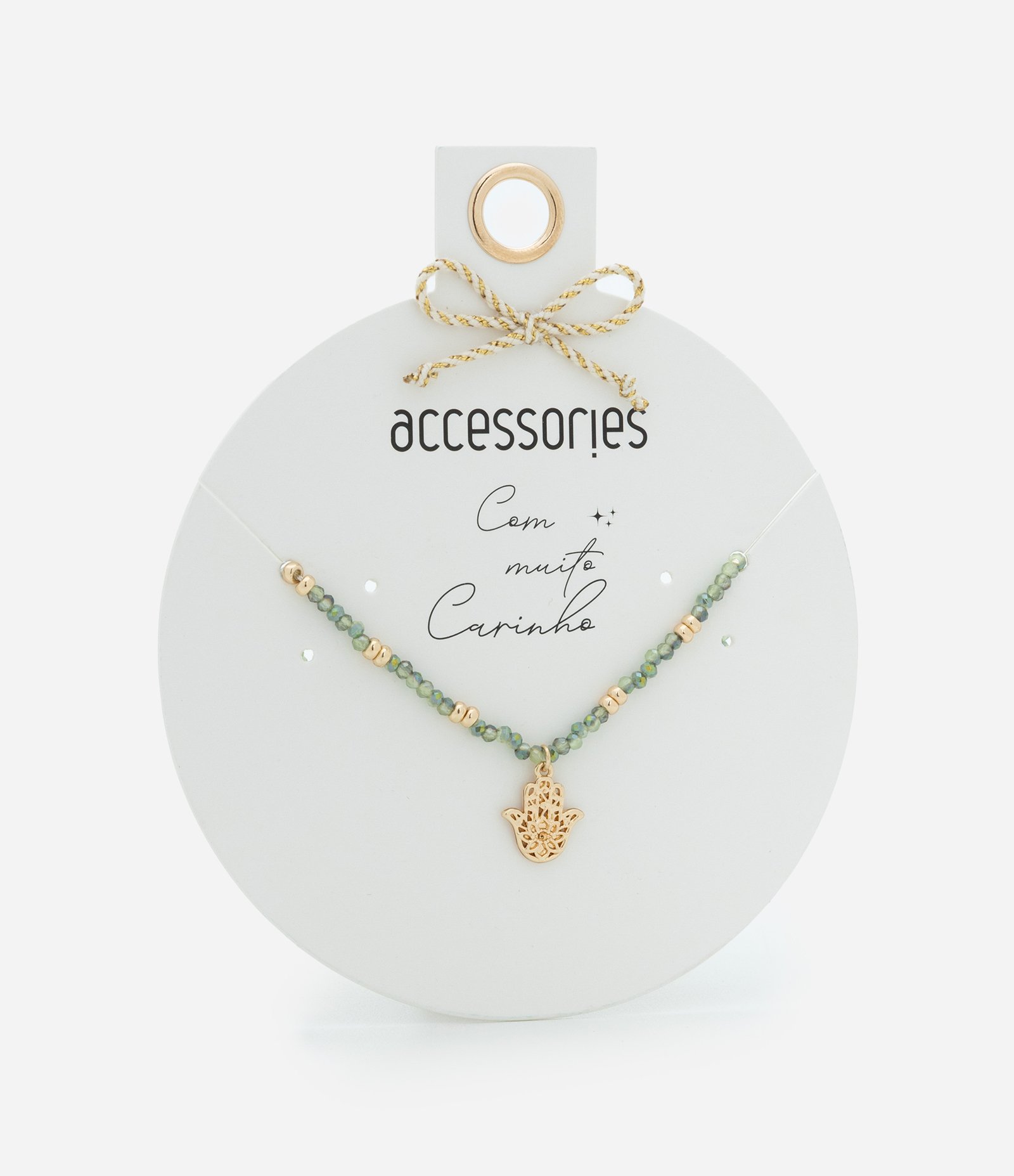 Colar Curto com Mini Cristais Artificiais Lapidados e Pingente de Mão com Strass Verde/Dourado 1