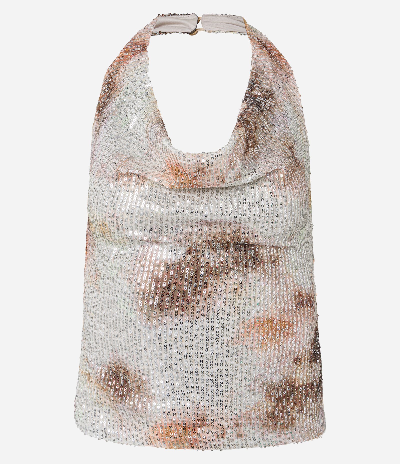 Blusa Frente Única com Decote Degagê em Paetê com Estampa Manchada Marrom 4