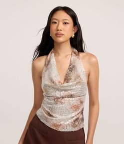 Blusa Frente Única com Decote Degagê em Paetê com Estampa Manchada