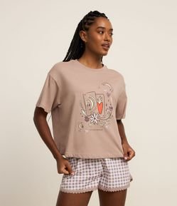 Pijama Short Doll em Algodão com Estampa Mística e Short Xadrez Vichy