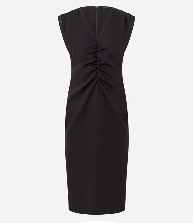 Vestido Midi com Ombros Amplos e Drapeado Frontal