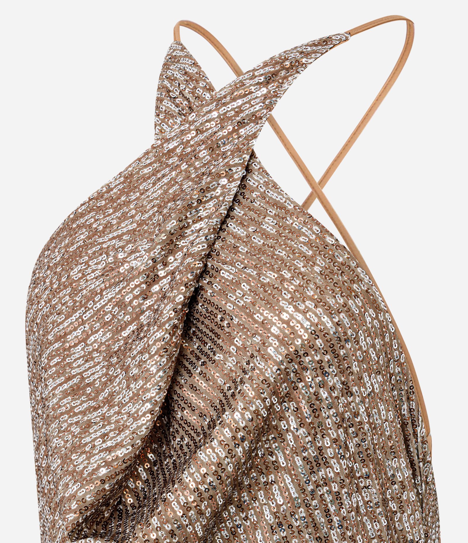 Vestido Long Midi Justo em Paetê com Decote Ombro Só Dourado 7