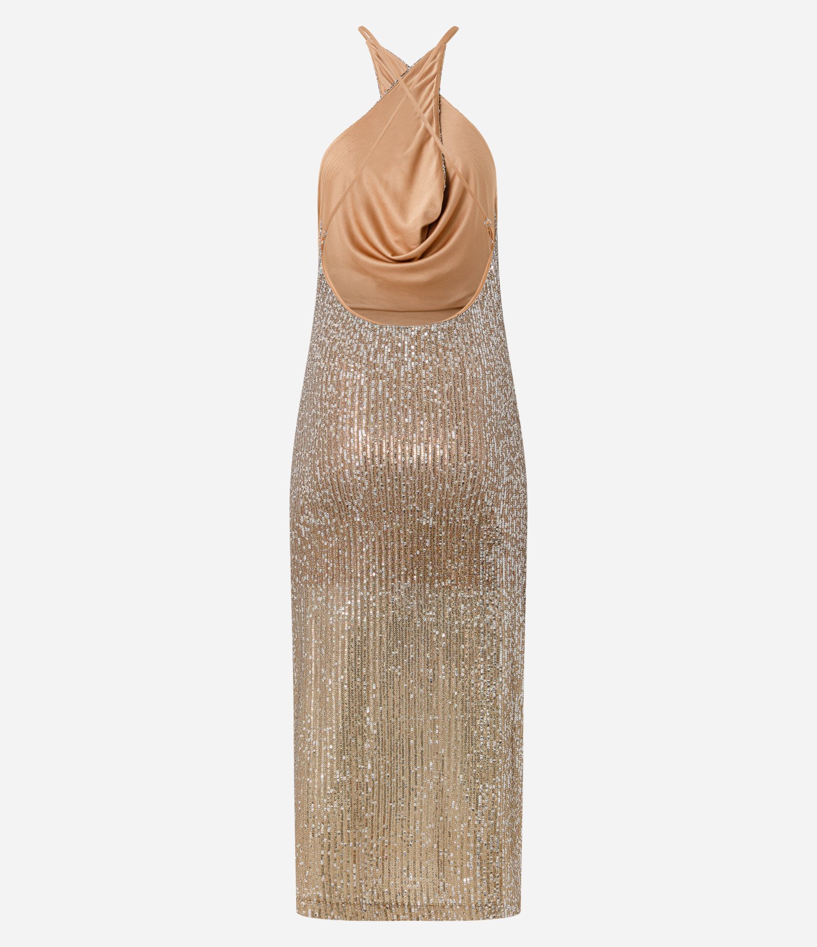 Vestido Long Midi Justo em Paetê com Decote Ombro Só Dourado 8
