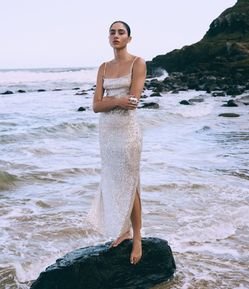 Vestido Long Midi em Paetê com Alça Fina