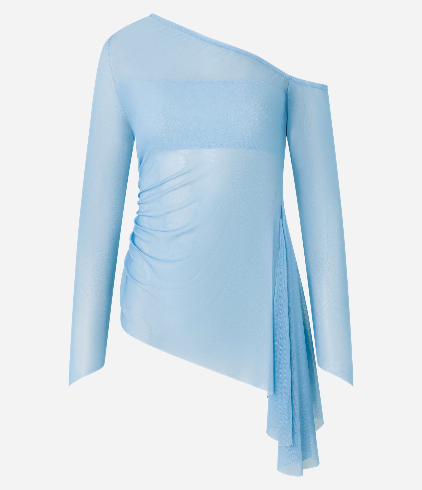 Blusa Ombro Só em Tule com Ponta no Punho e Barra Assimétrica Azul 5