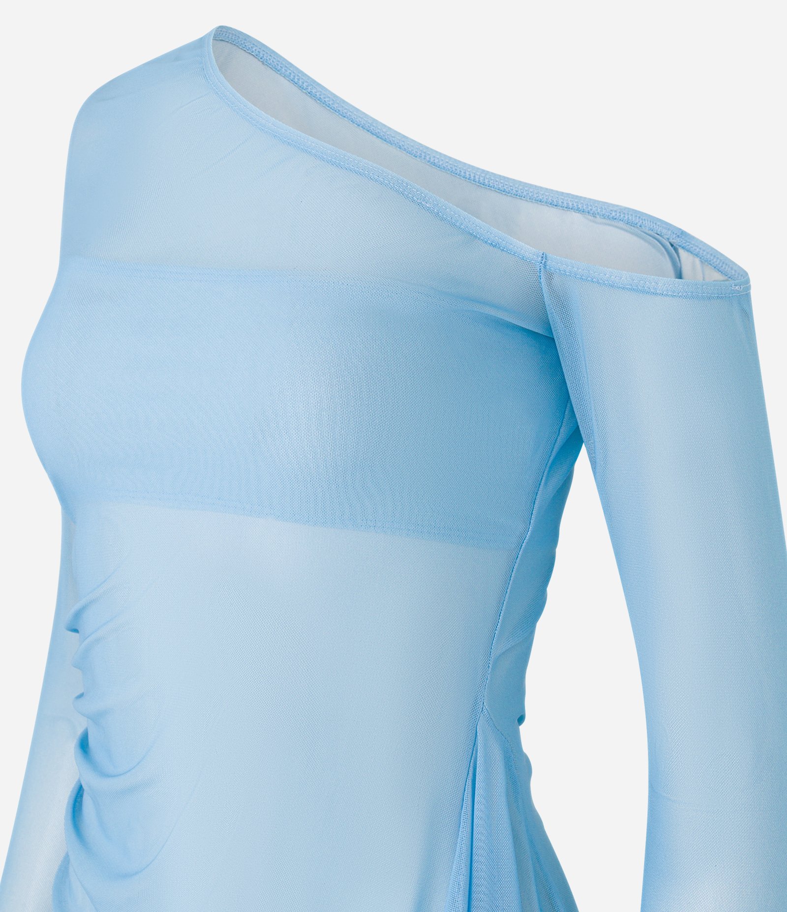 Blusa Ombro Só em Tule com Ponta no Punho e Barra Assimétrica Azul 6