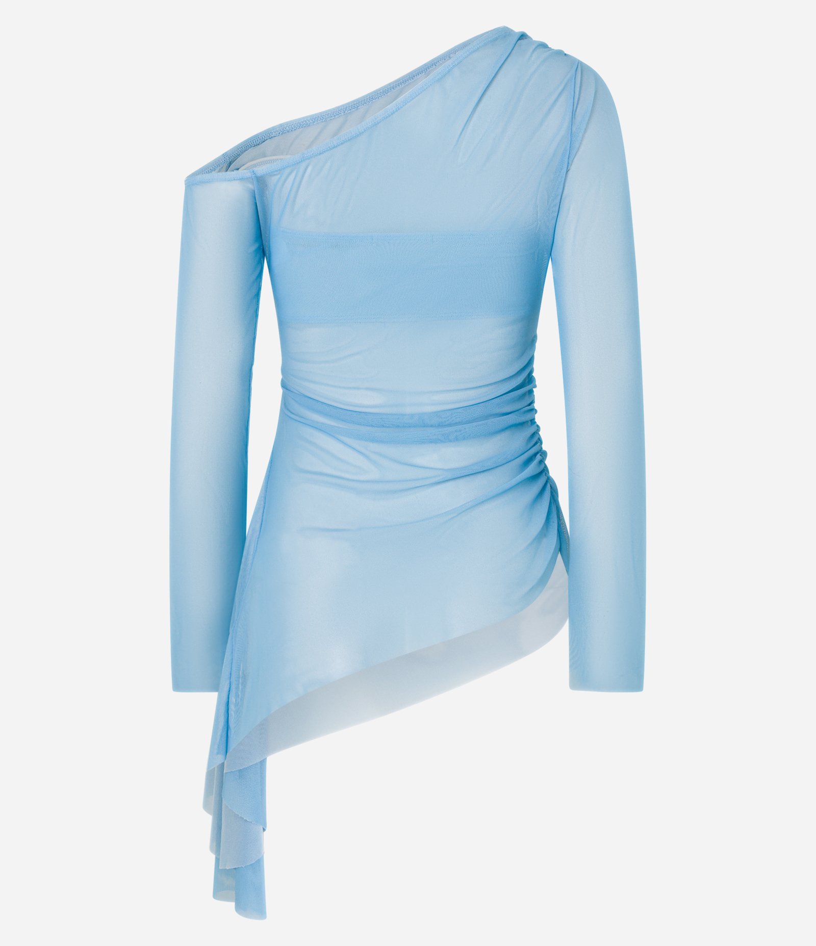 Blusa Ombro Só em Tule com Ponta no Punho e Barra Assimétrica Azul 7