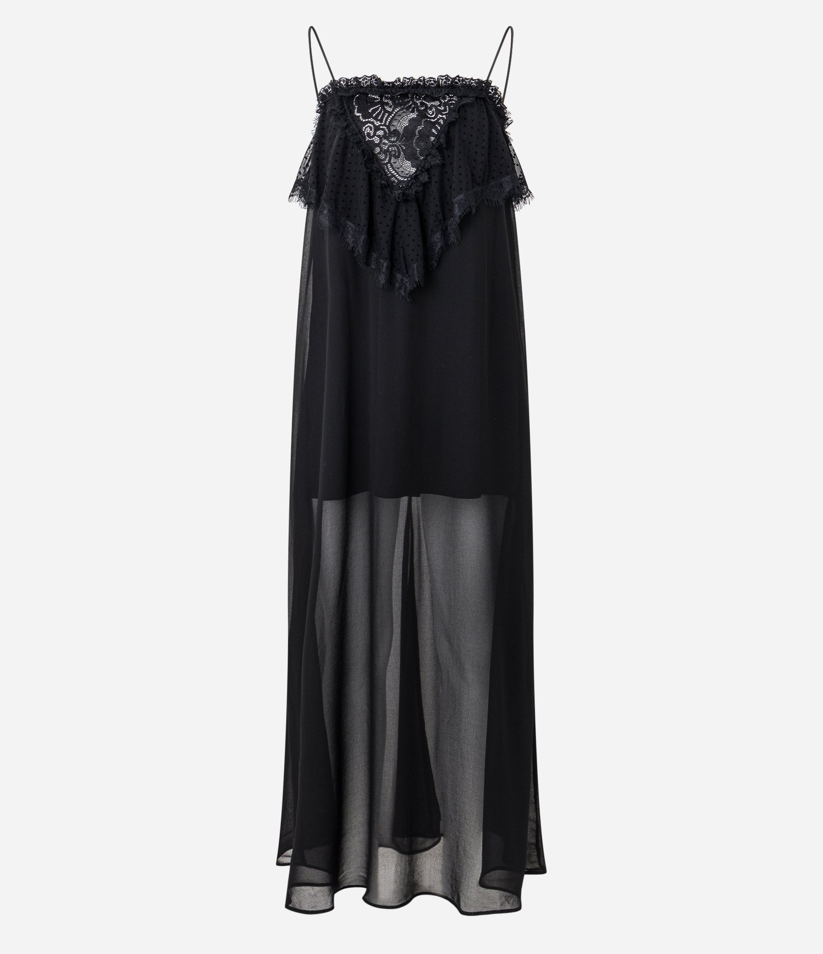 Vestido Longo em Renda com Babado e Transparência Preto 4