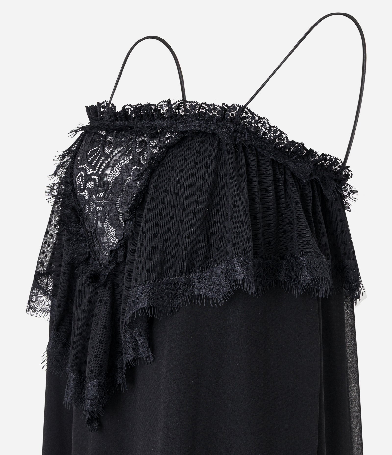 Vestido Longo em Renda com Babado e Transparência Preto 5