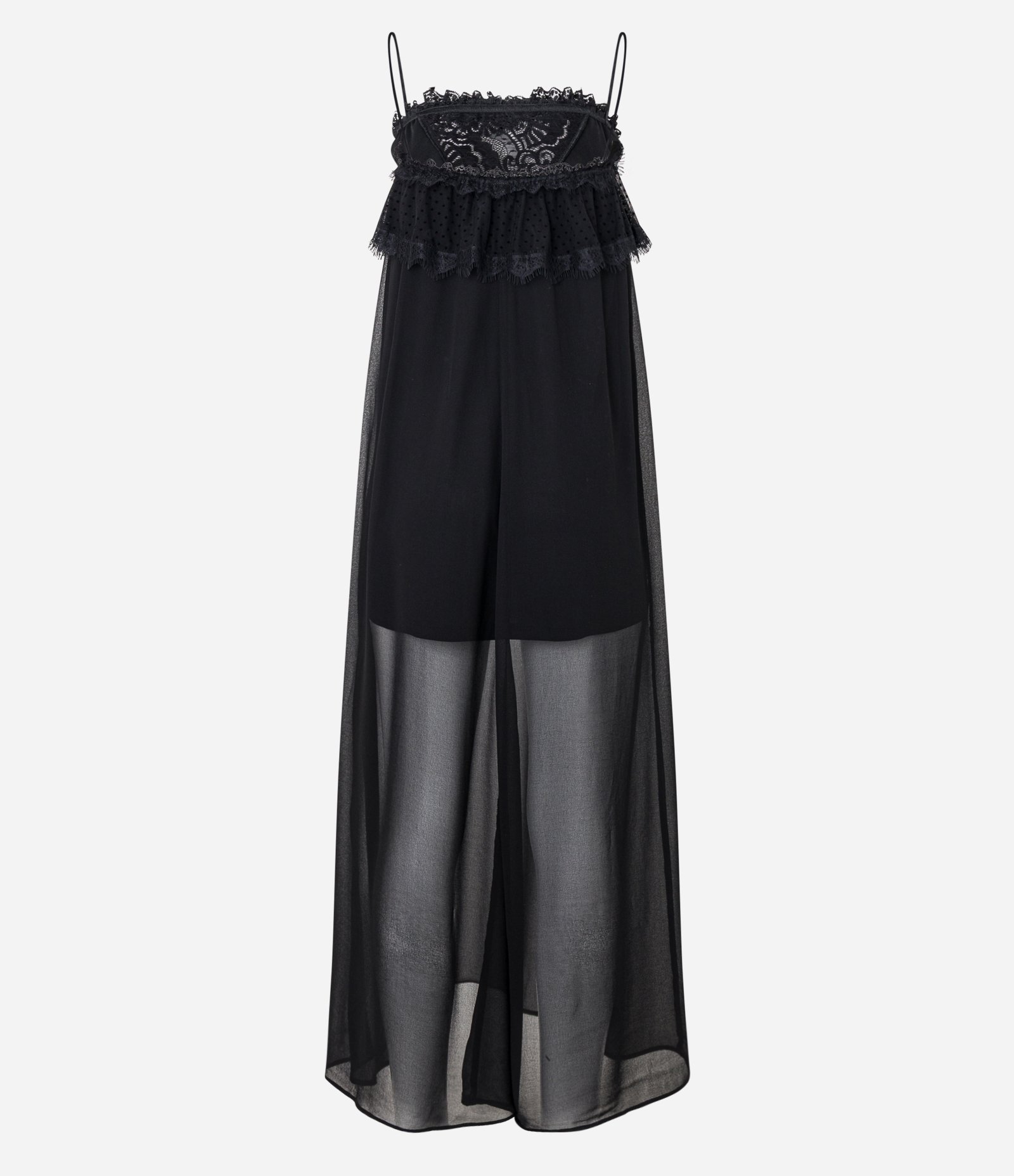 Vestido Longo em Renda com Babado e Transparência Preto 6