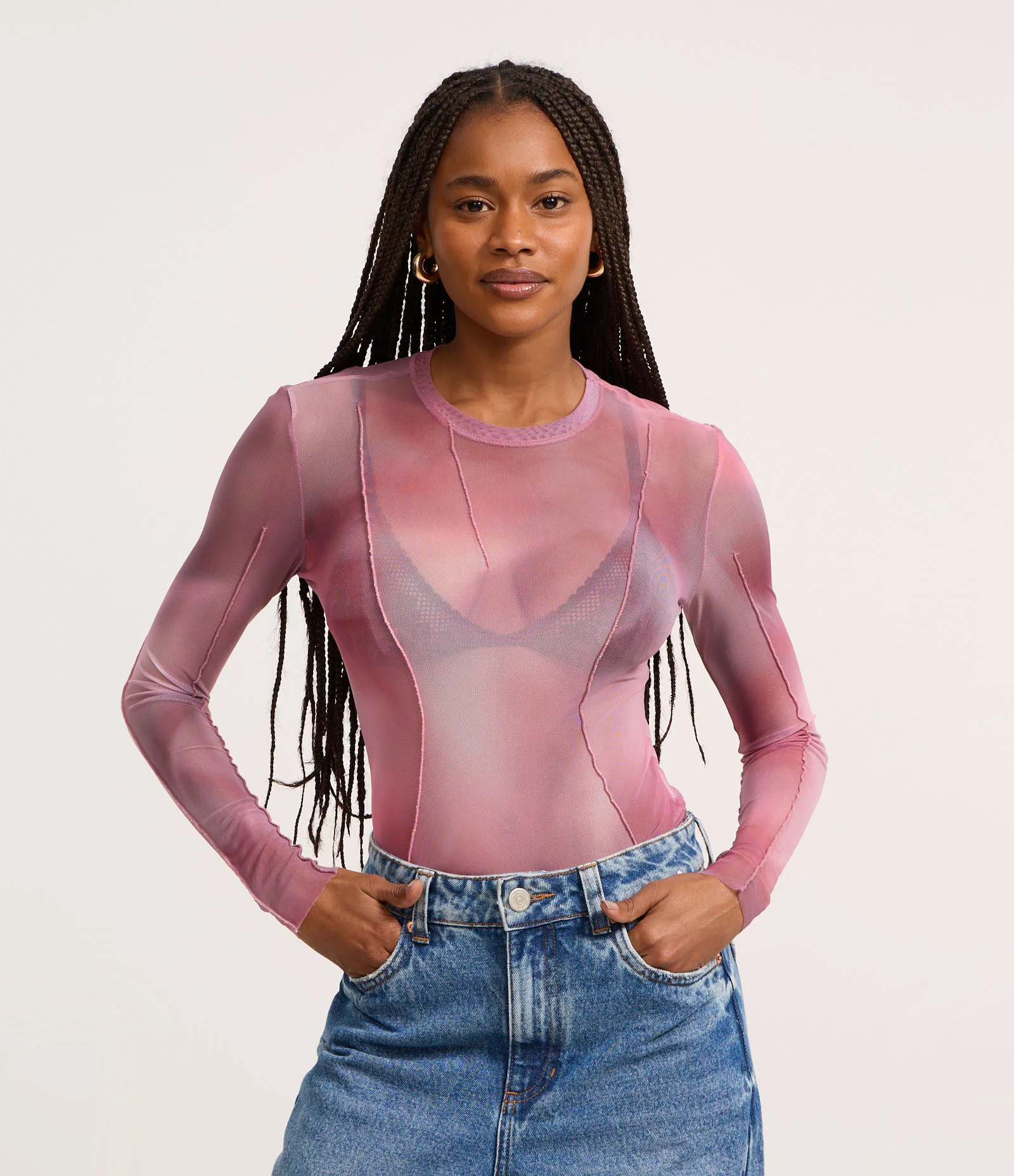 Blusa em Tule com Recortes e Efeito Manchada Rosa 1