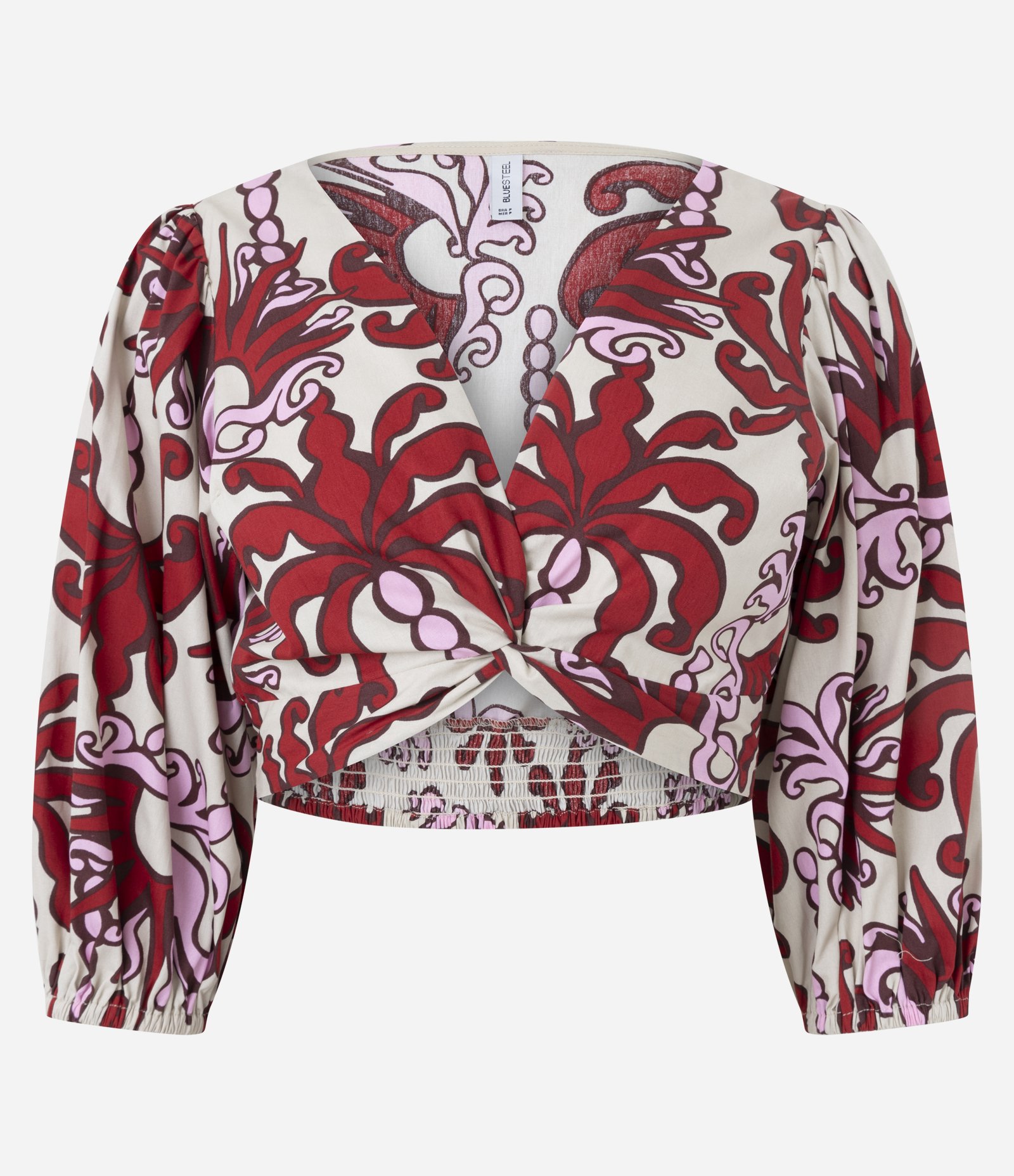 Blusa Cropped em Tricoline com Manga 3/4 e Estampa Arabesco Bege/Vermelho 1