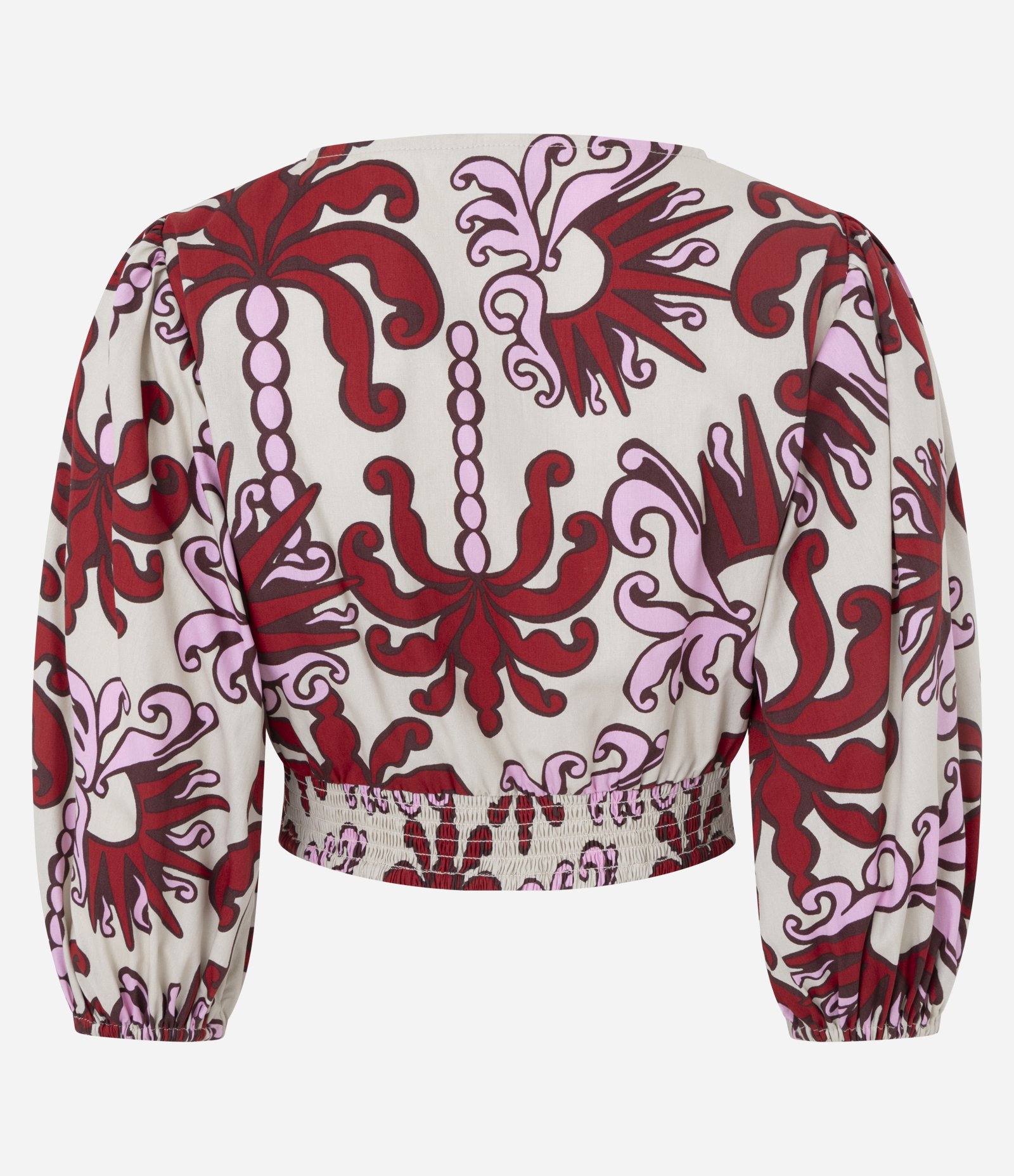 Blusa Cropped em Tricoline com Manga 3/4 e Estampa Arabesco Bege/Vermelho 2