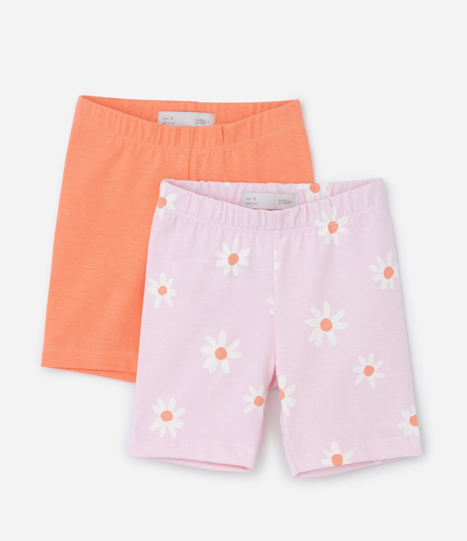 Kit 02 Bermudas Ciclista Infantis com Estampa Margaridas - Tam 1 a 6 Anos Laranja/Rosa 1