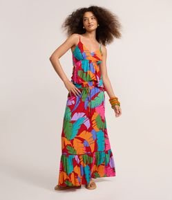 Saia Long Midi em Cambraia com Estampa Tropical