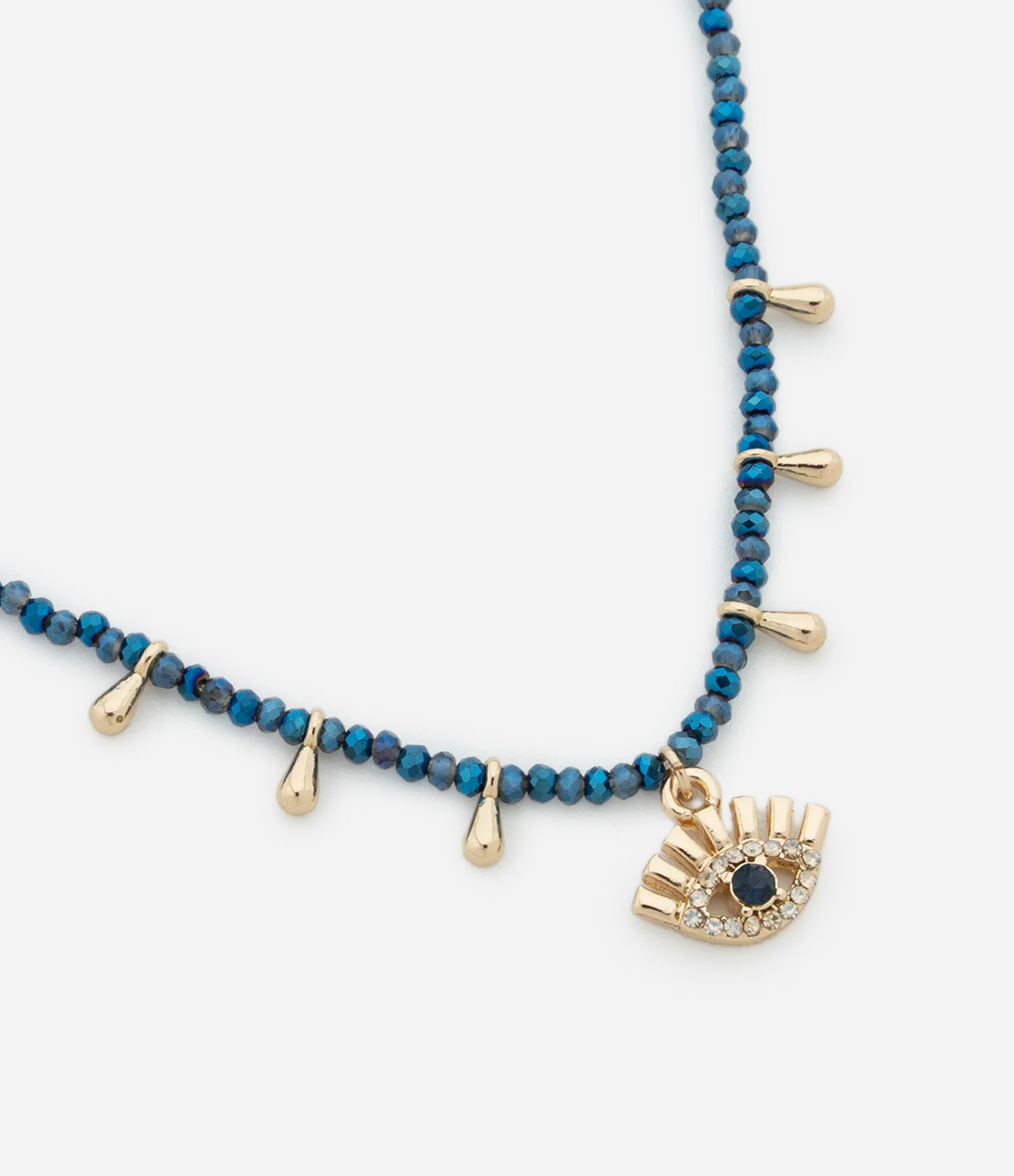 Colar Curto com Mini Cristais Artificiais Lapidados e Pingentes Gota e Olho Grego Azul/Dourado 2