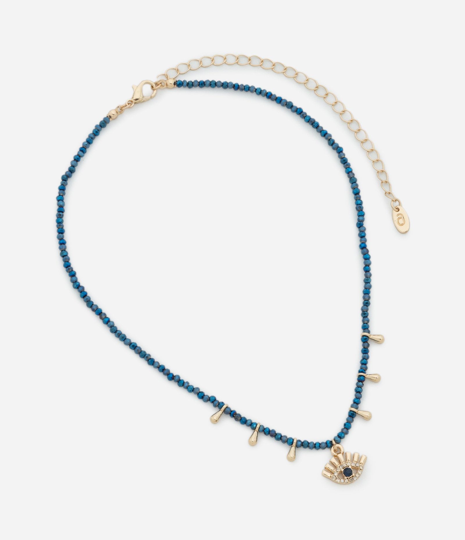 Colar Curto com Mini Cristais Artificiais Lapidados e Pingentes Gota e Olho Grego Azul/Dourado 3