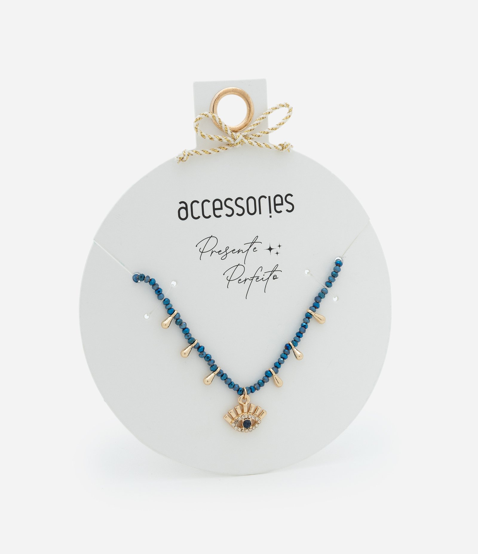 Colar Curto com Mini Cristais Artificiais Lapidados e Pingentes Gota e Olho Grego Azul/Dourado 1