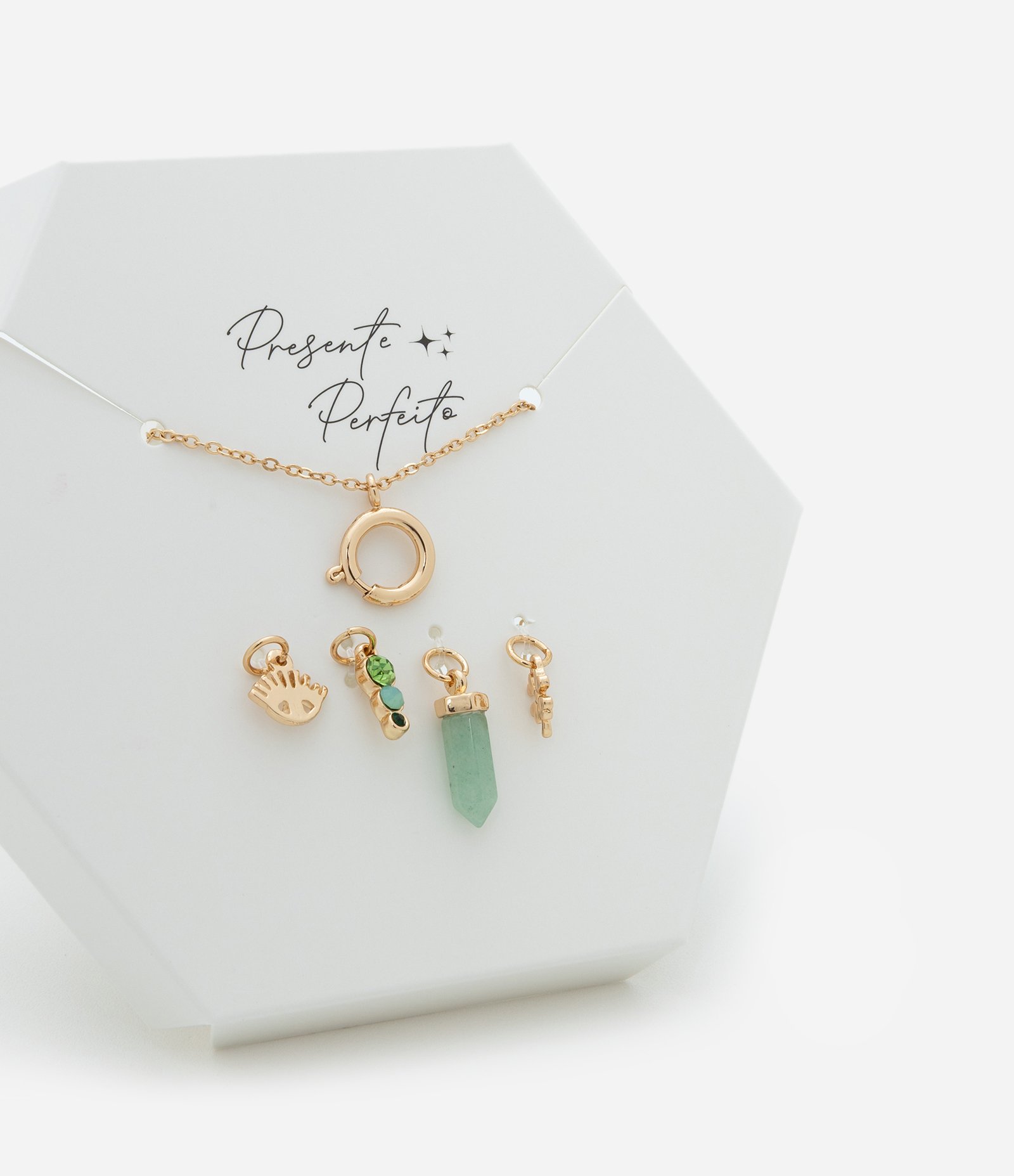 Colar Curto Folheado com Troca de 04 Pingentes Prosperidade Dourado/Verde 1