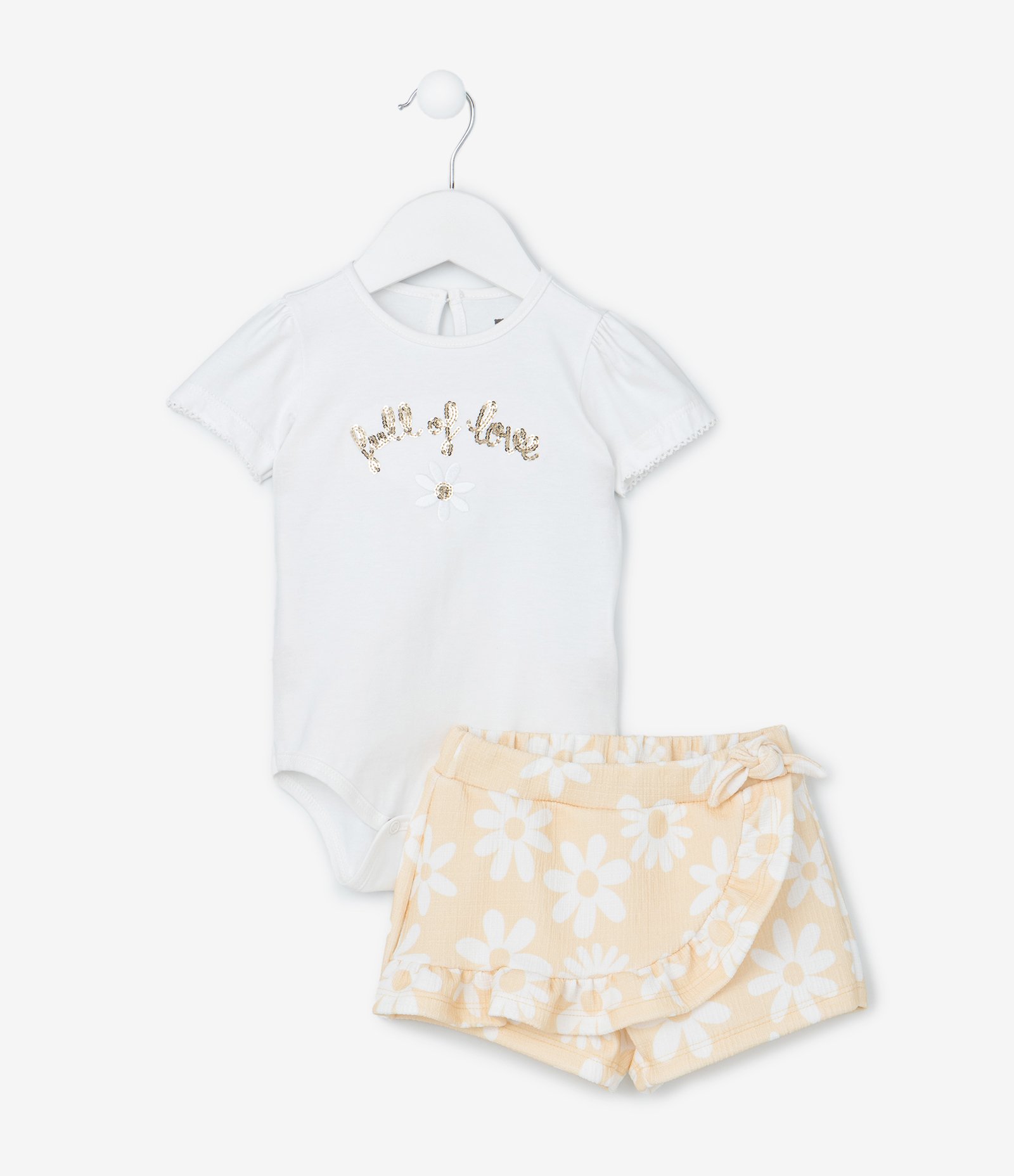 Conjunto Infantil com Body e Short Saia Estampado Floral - Tam 0 a 18 meses Branco/Laranja Claro 2