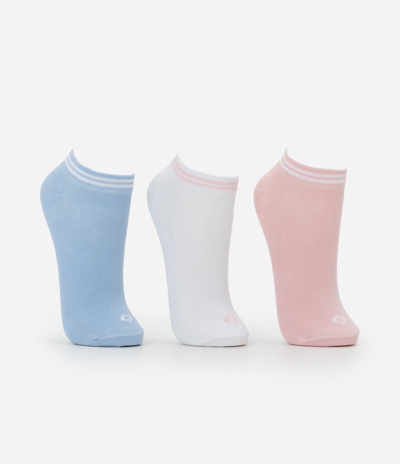 Kit 03 Meias Cano Baixo Esportivas em Algodão com Punho Listrado Azul/Rosa/Branco 2