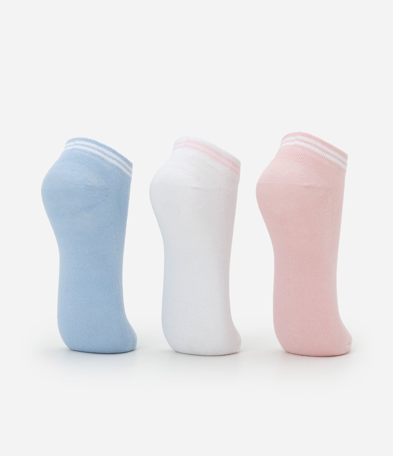 Kit 03 Meias Cano Baixo Esportivas em Algodão com Punho Listrado Azul/Rosa/Branco 3
