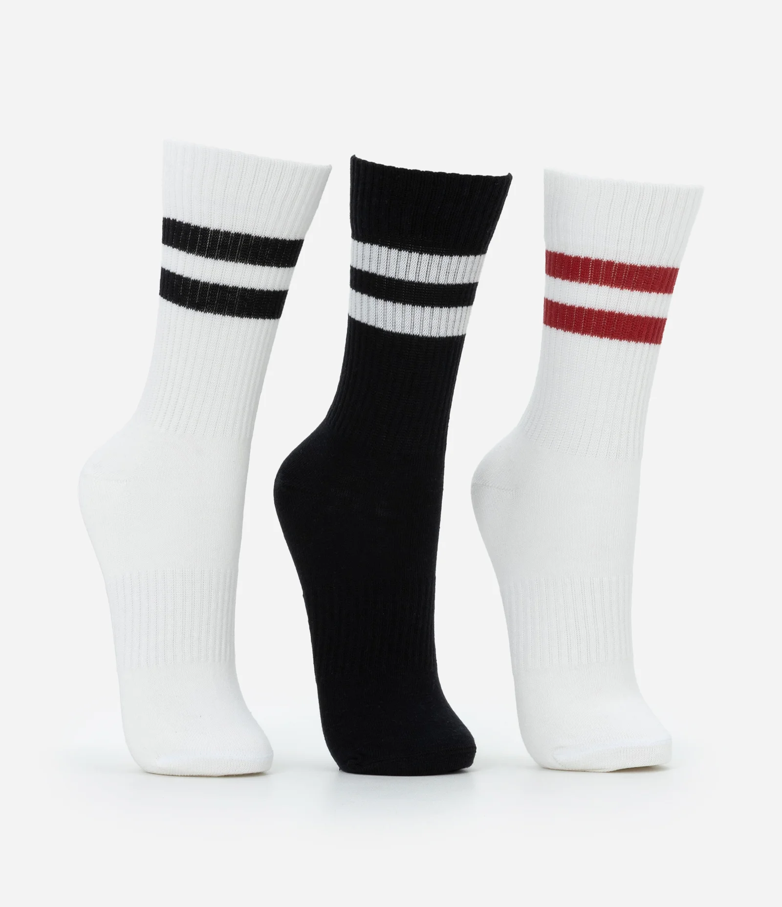 Kit 03 Meias Cano Alto Esportivas em Algodão com Listras Contrastantes Branco 2