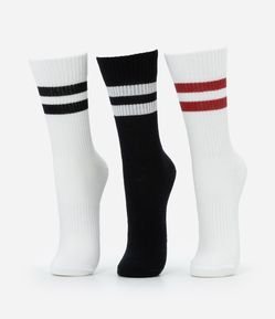 Kit 03 Meias Cano Alto Esportivas em Algodão com Listras Contrastantes