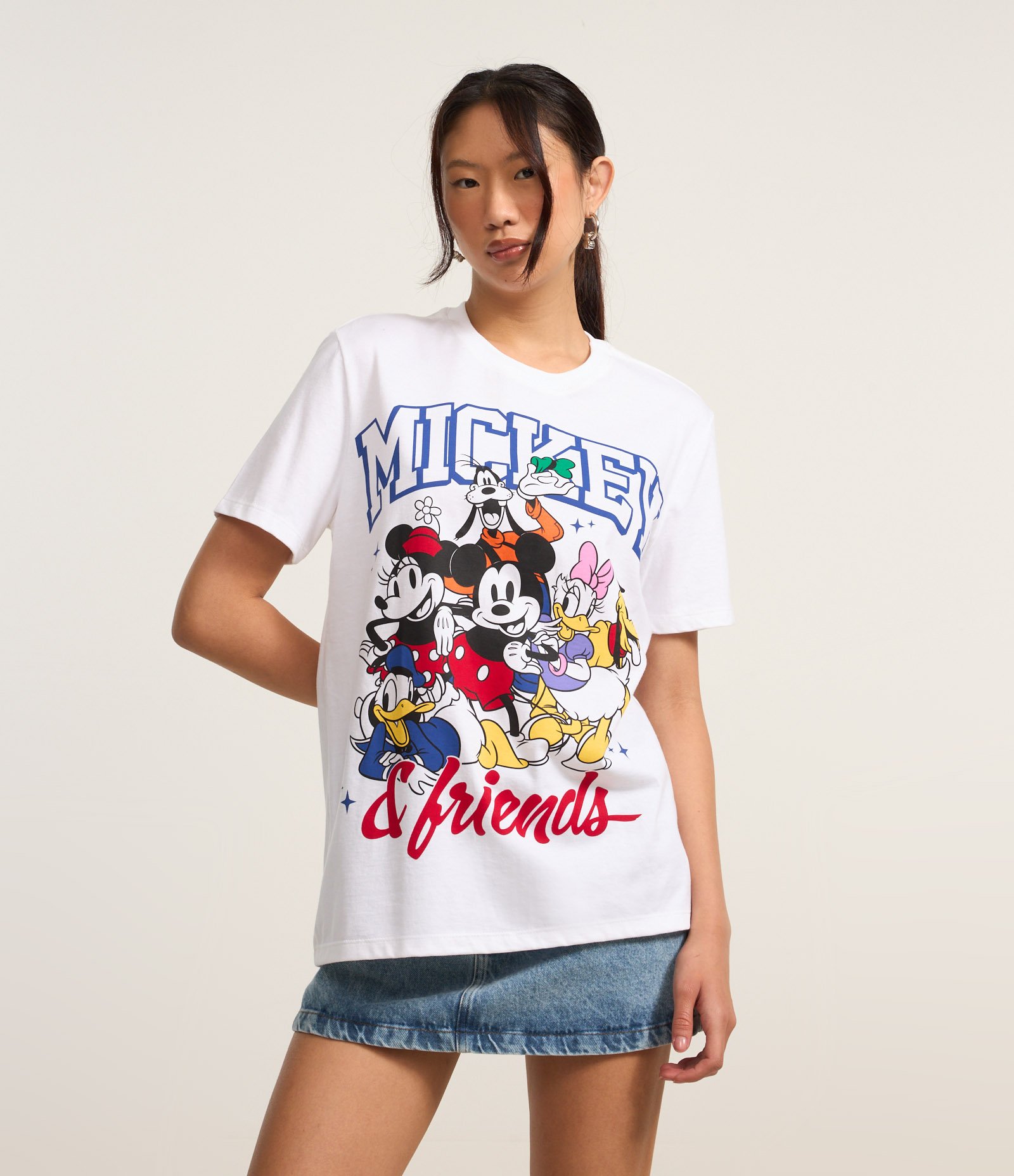 Camiseta Alongada em Algodão com Estampa Mickey e Friends Branco 1