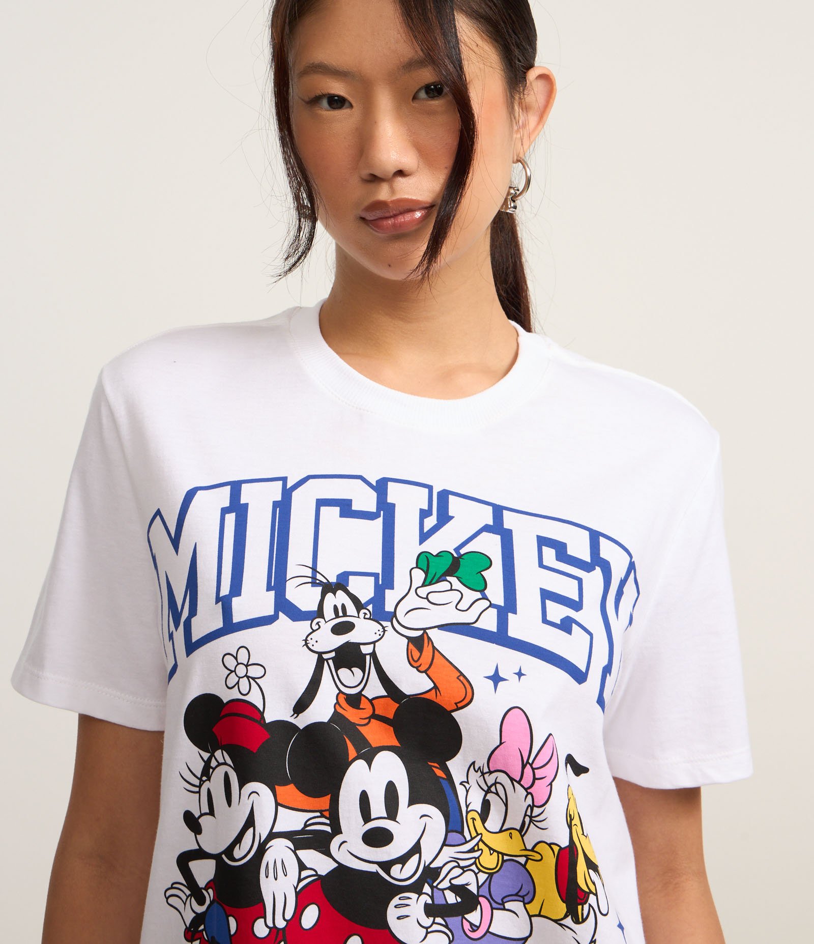 Camiseta Alongada em Algodão com Estampa Mickey e Friends Branco 3