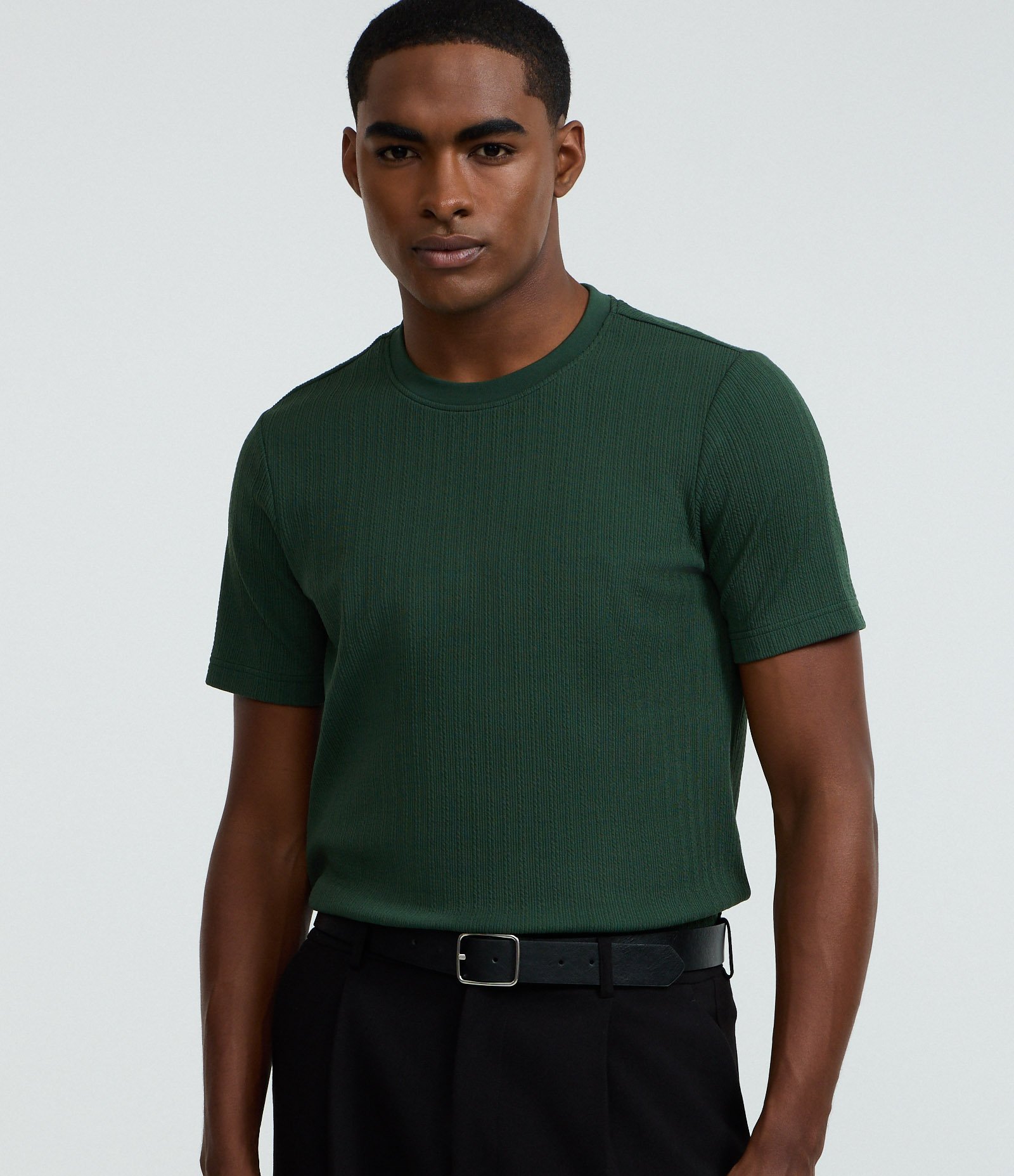 Camiseta Slim com Textura Vertical Verde 1