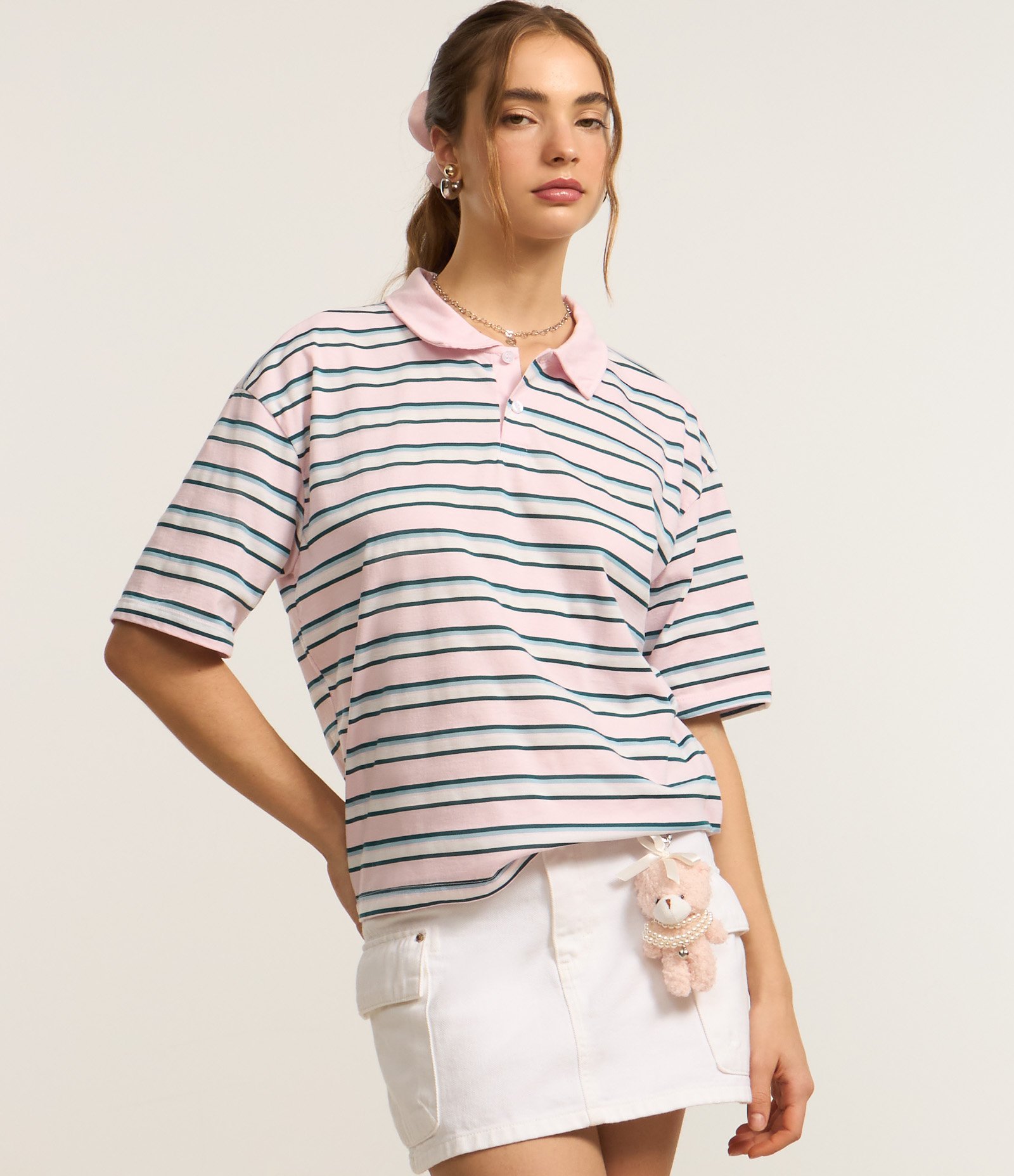 Camiseta em Malha com Gola Polo e Estampa de Listras Branco 2