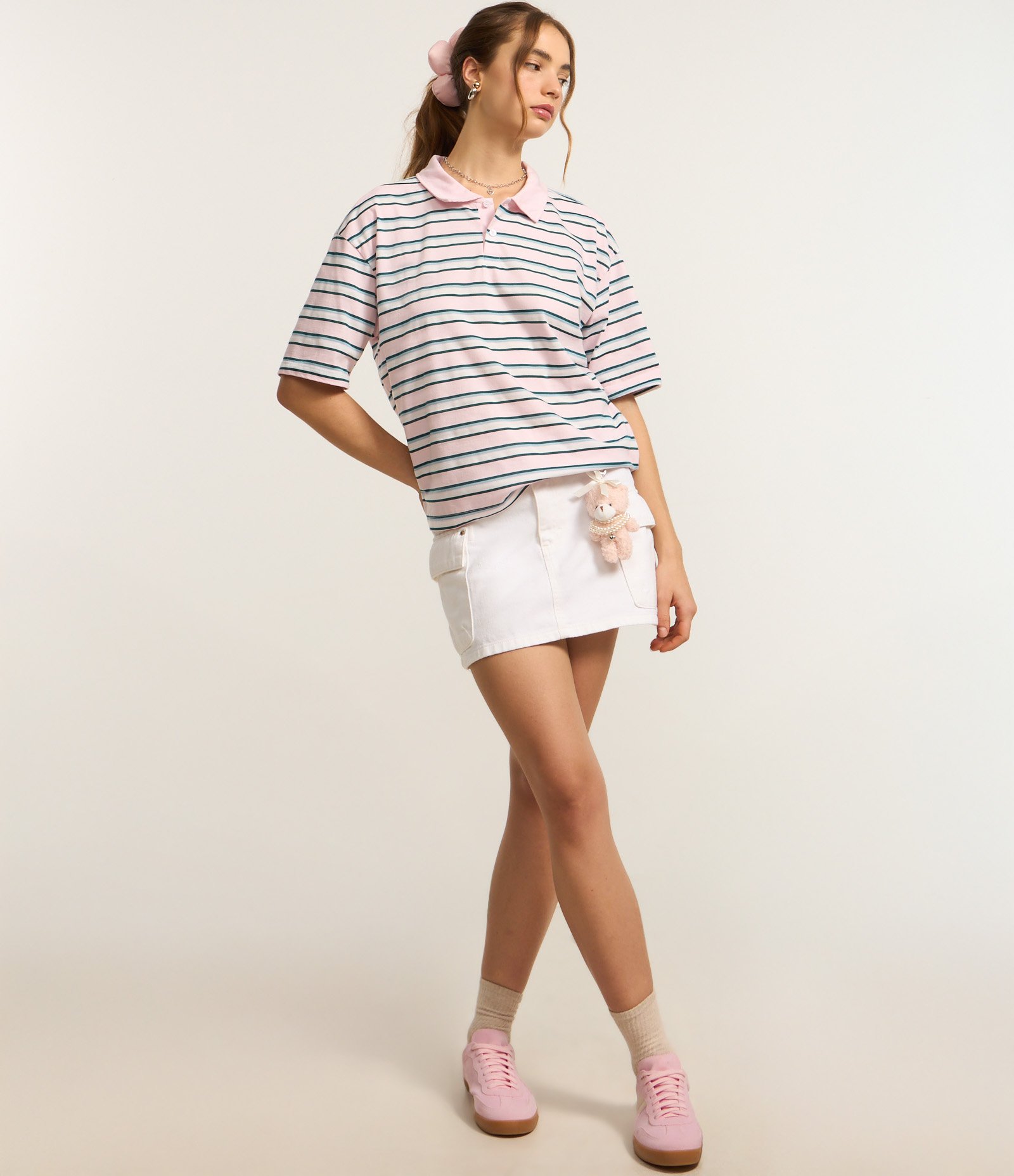 Camiseta em Malha com Gola Polo e Estampa de Listras Branco 3