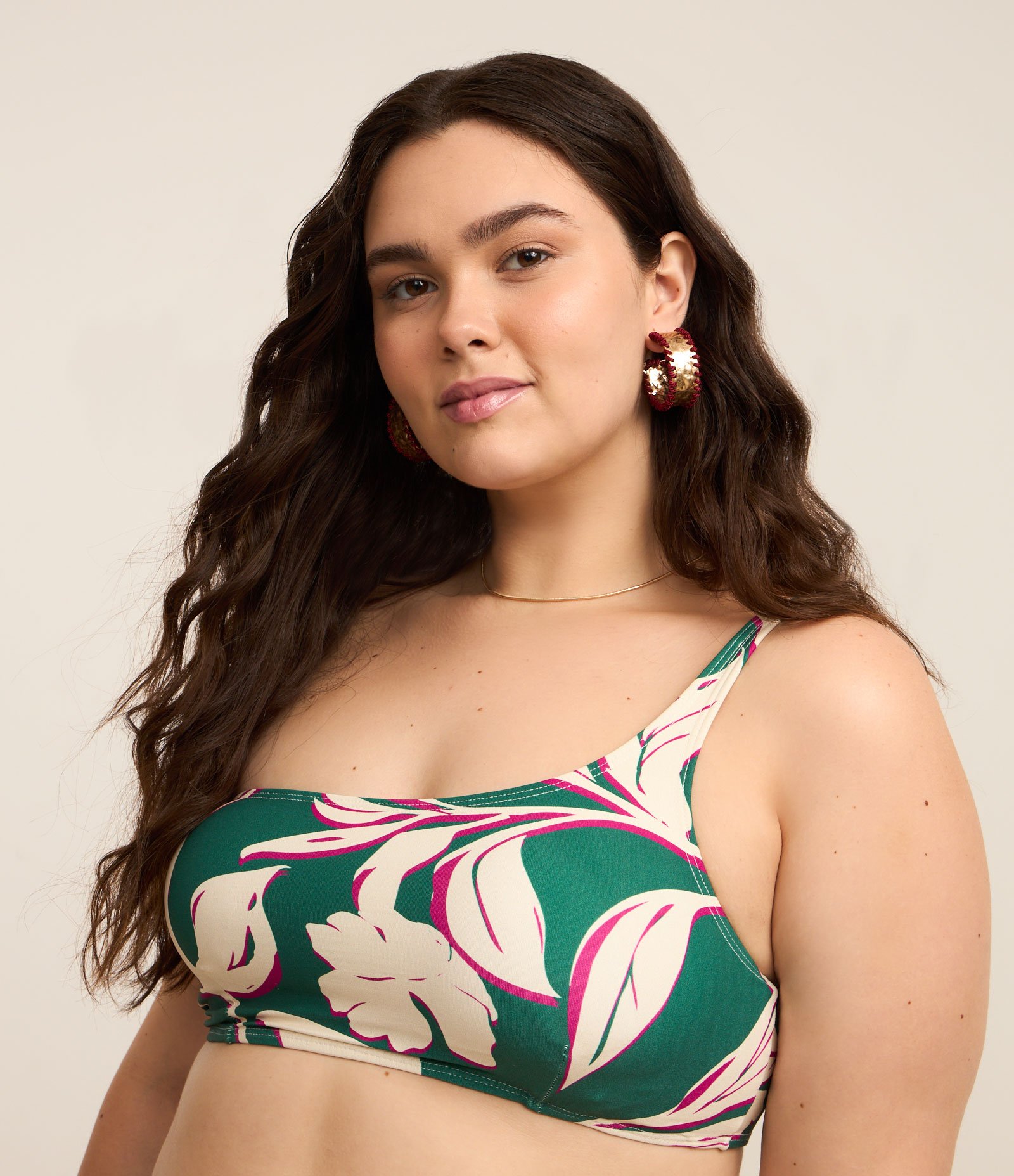 Biquíni Top Ombro Só em Microfibra com Estampa de Folhagem Curve & Plus Size Verde 1