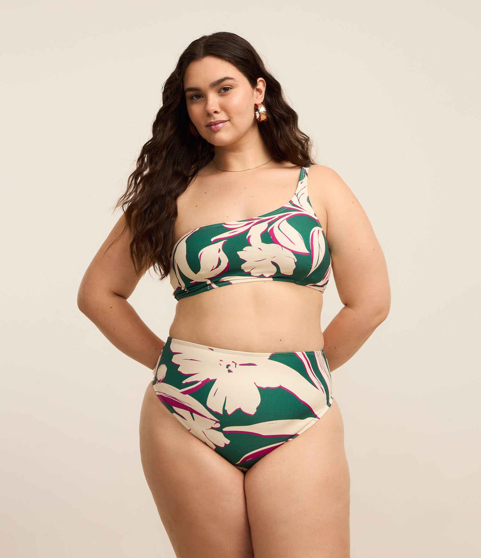 Biquíni Top Ombro Só em Microfibra com Estampa de Folhagem Curve & Plus Size Verde 2