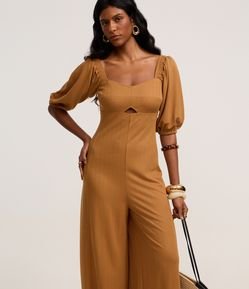 Macacão Pantalona em Viscose com Decote Coração com Manga Bufante