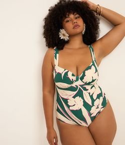 Maiô Meia Taça em Microfibra com Estampa Folhagem e Alça Larga Curve & Plus Size