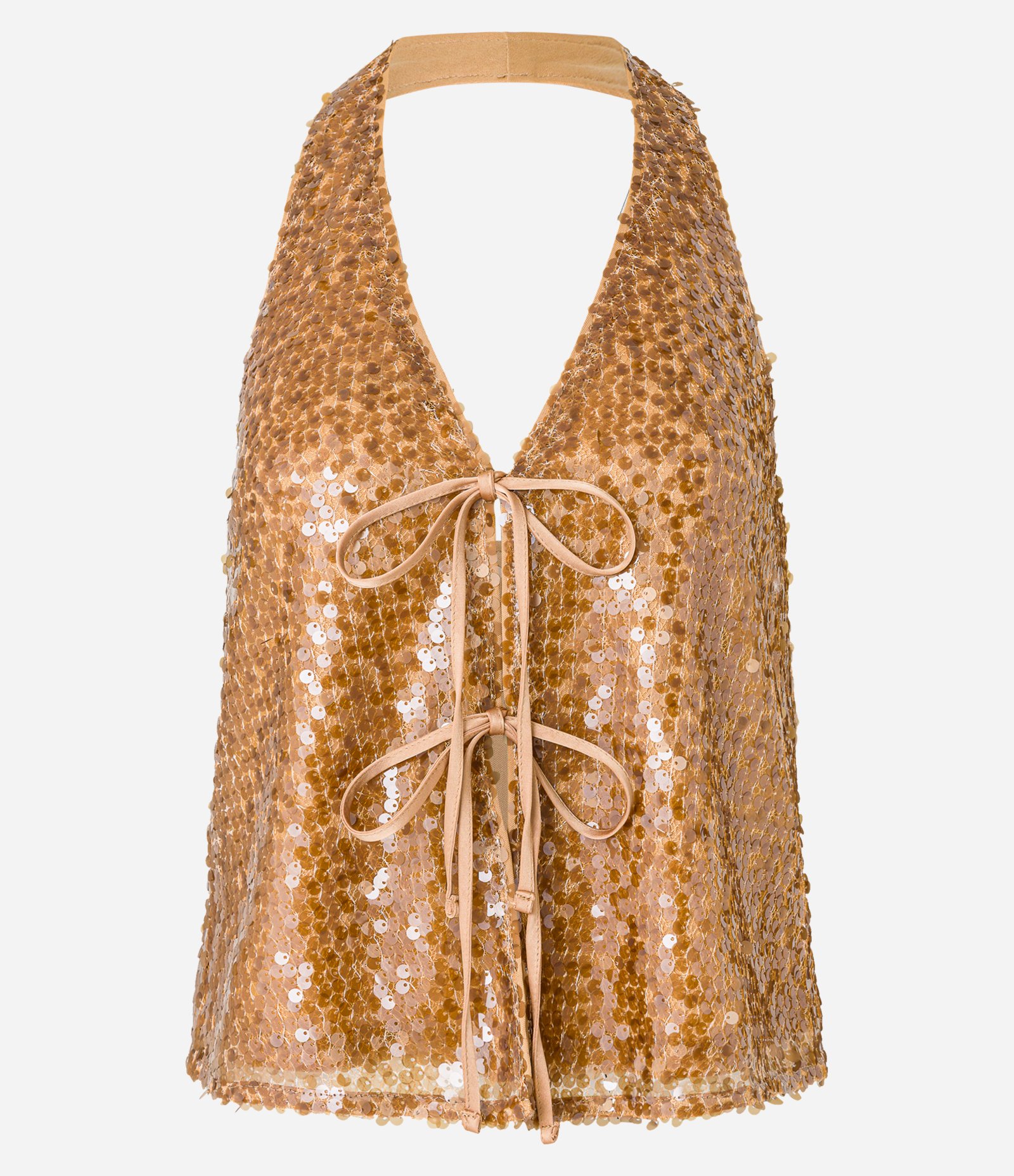 Blusa Frente Única em Paetê com Decote em V e Amarração Dourado