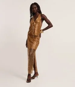 Saia Reta Long Midi em Paetê com Meio Forro