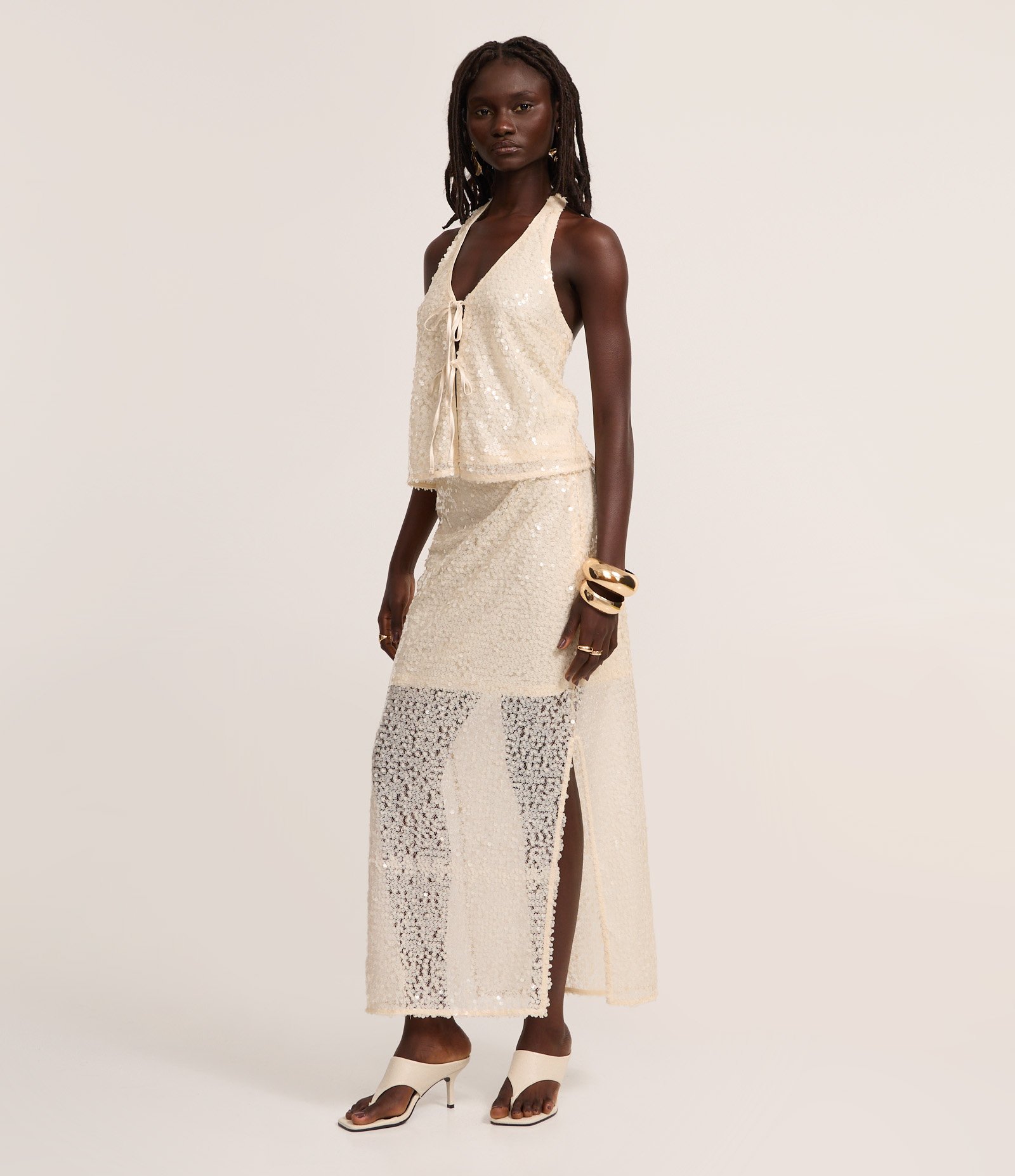 Saia Reta Long Midi em Paetê com Meio Forro Dourado 1