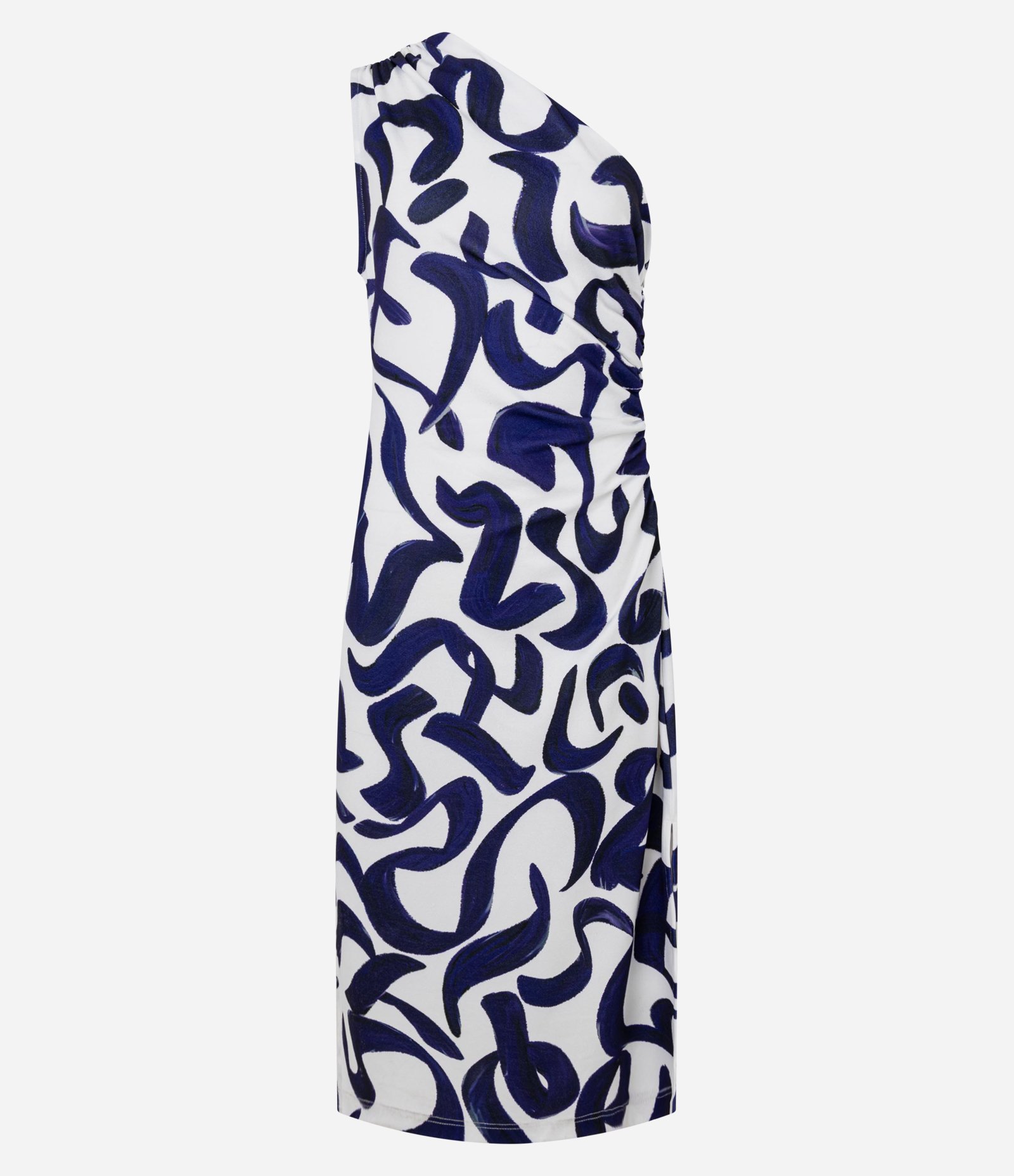 Vestido Midi Ombro Só em Crepe com Estampa Abstrata Azul/Branco 1