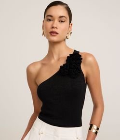Blusa Ombro Só em Tricô com Flor no Ombro