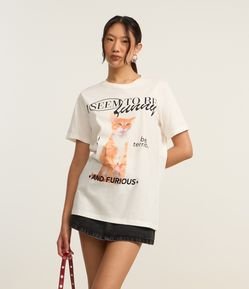 Camiseta Alongada em Algodão com Estampa Gatinho
