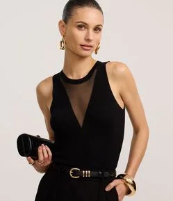 Body em Tricô com Decote V Transparente